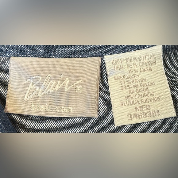 Blair Denim Button Down Shirt Jacket with Poinsettia Holiday Embroidery, Medium - Picture 10 of 12